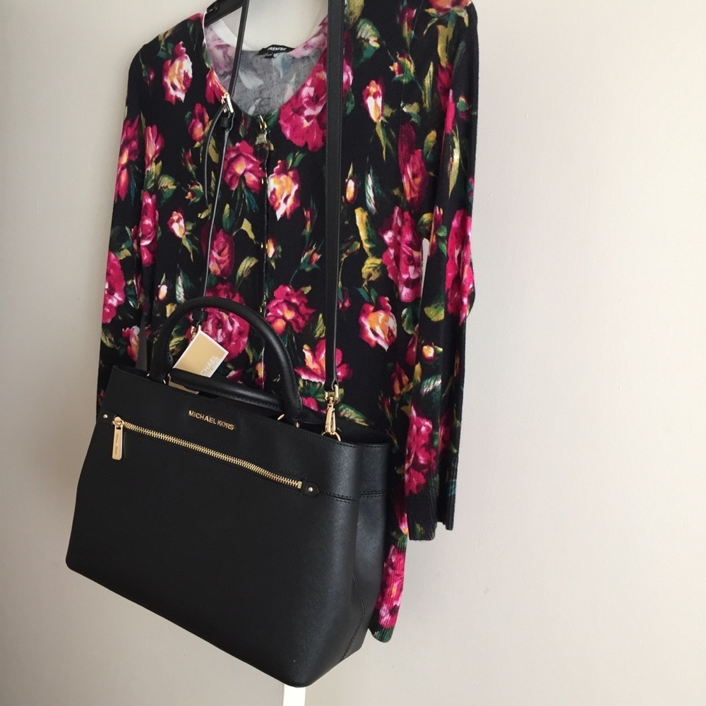 MK Large Saffiano Leather Satchel Black HALILEE MSRP $368.00